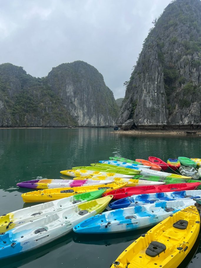 Kayaks de varios colores amarrados en un tranquilo cuerpo de agua rodeado de montañas.