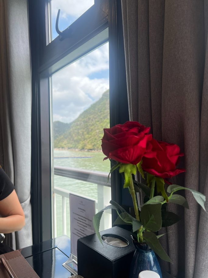 Rosas rojas en un jarrón cerca de una ventana con vista a montañas y agua.