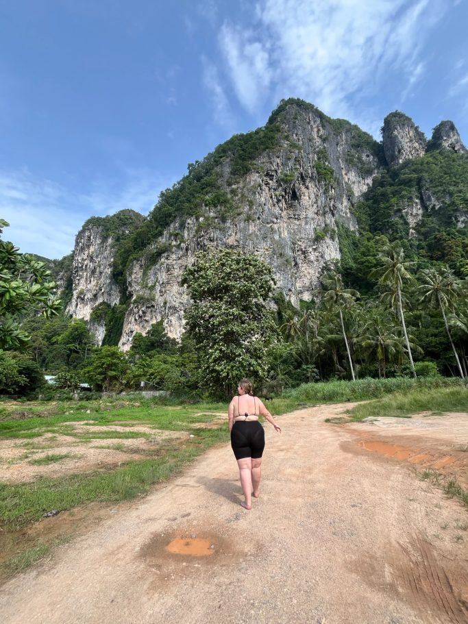 Una persona camina por un sendero hacia montañas rocosas y vegetación exuberante.