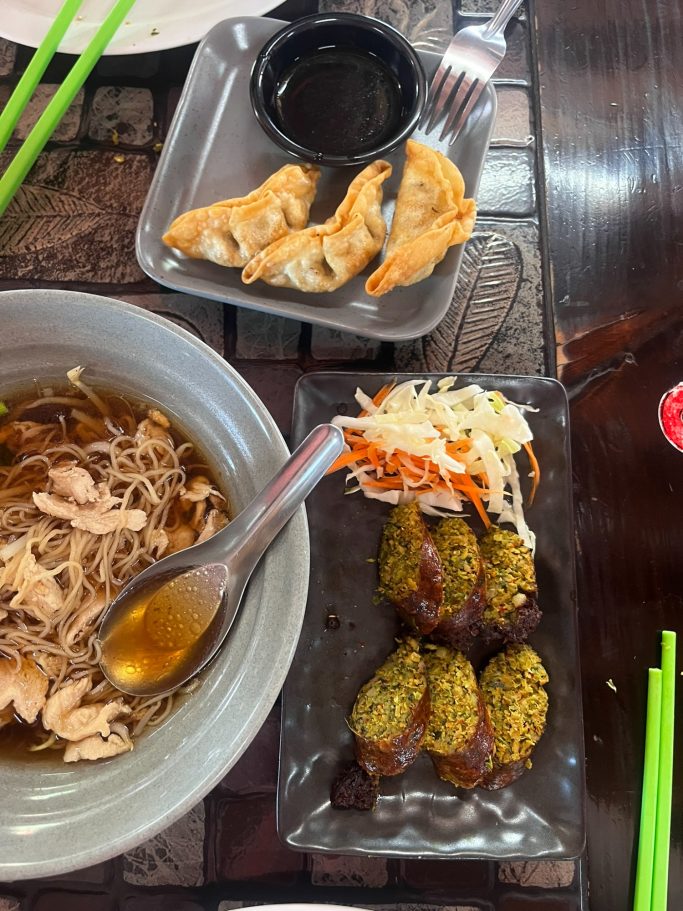 Plato con fideos, pollo, ensalada, alitas y empanadillas.