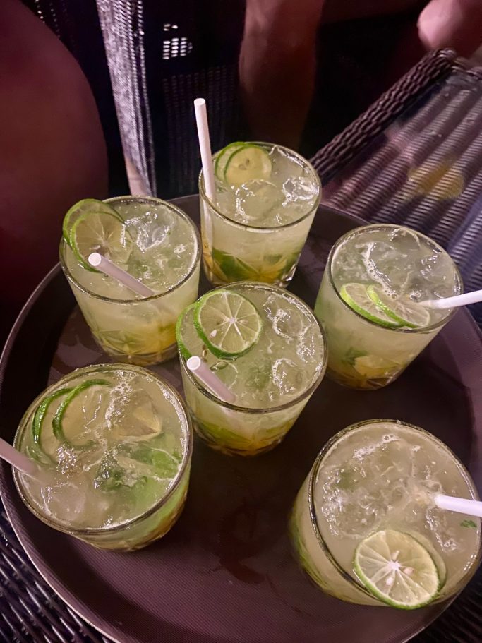 Seis cócteles en vasos con limón y hierbabuena, servidos en una bandeja.